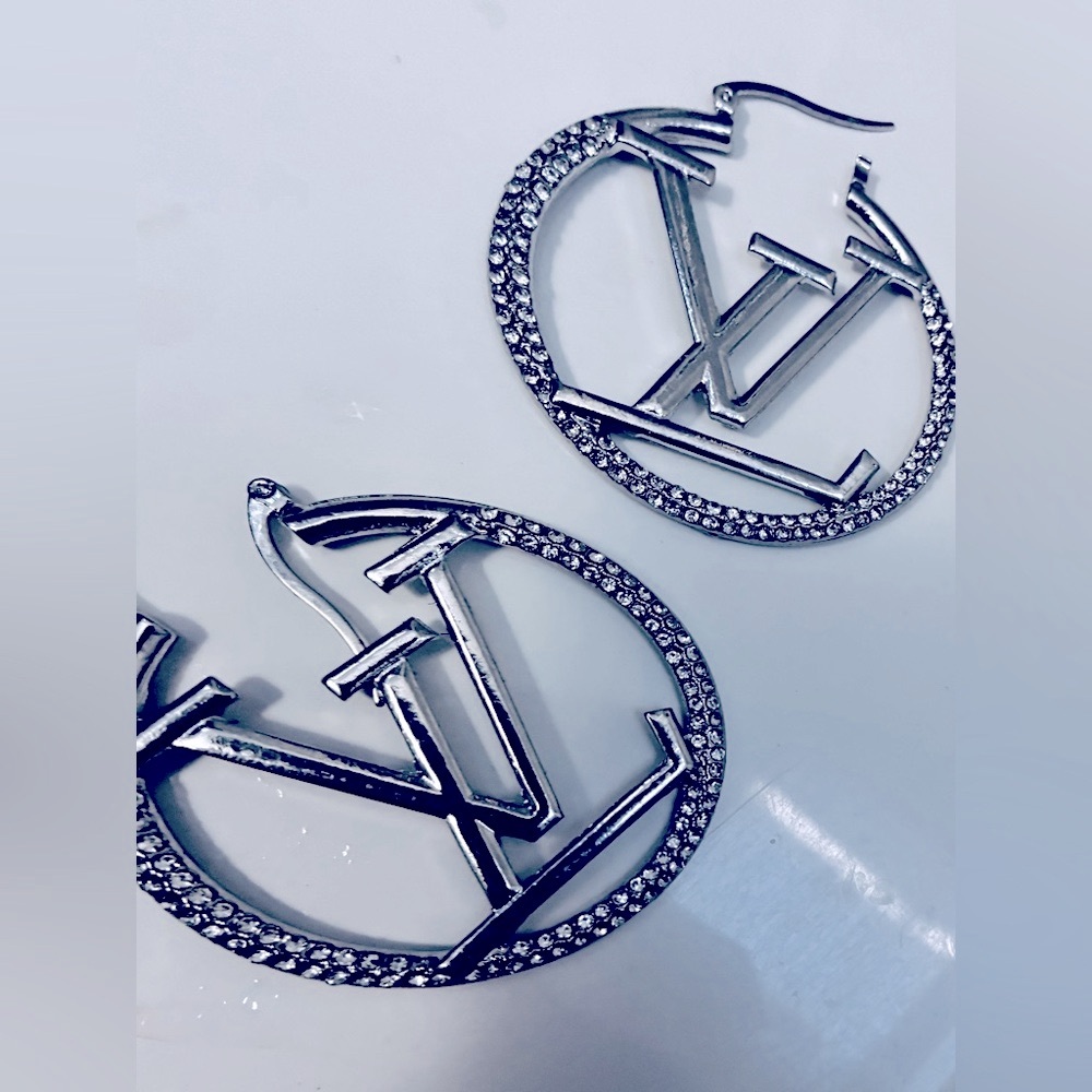 Silver 3cm LV Hoop Earrings